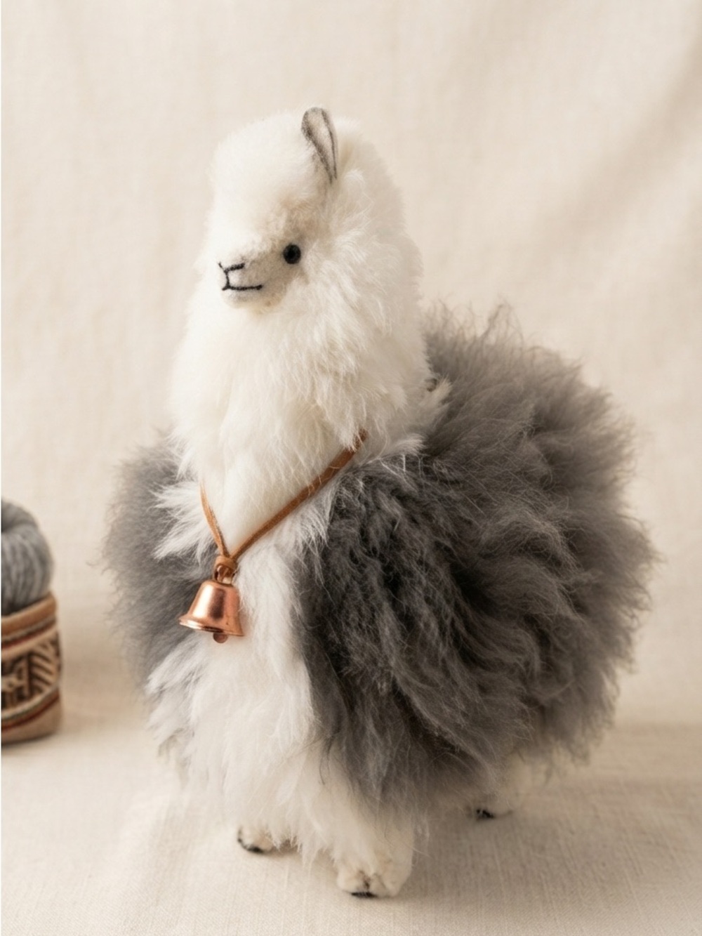 Plush Alpaca Figurine - white and grey Fluffy Alpaca hair